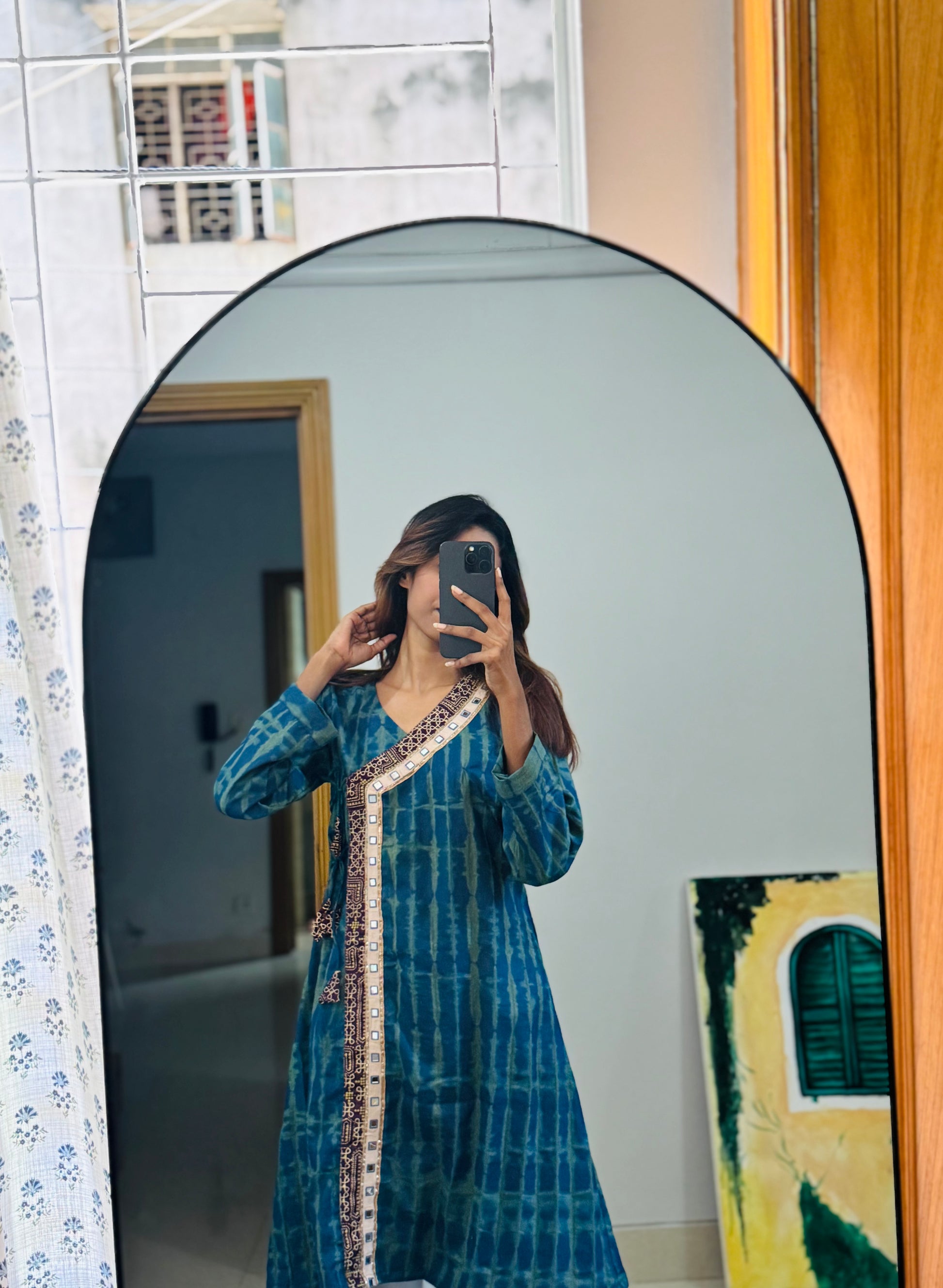 "অপরাজিতা" kurti – Elegant Indigo Tie-Dye Kurti with Mirror Work Detailing