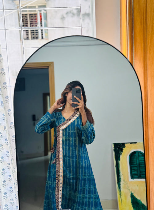 "অপরাজিতা" kurti – Elegant Indigo Tie-Dye Kurti with Mirror Work Detailing